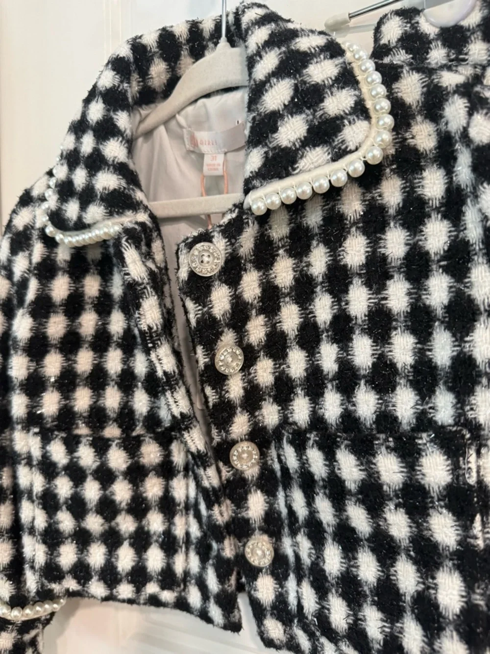 GB Girls Skirt Jacket Set Tweed 3T Black White Pearl Trim NWT